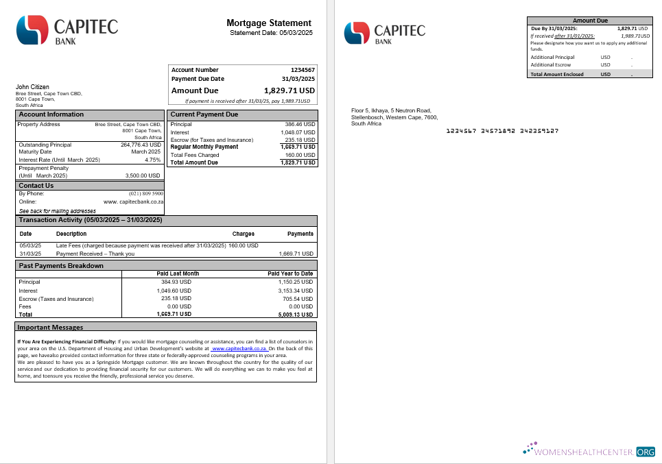 Download South Africa Capitec bank mortgage statement in Word and PDF formats Photoshop template